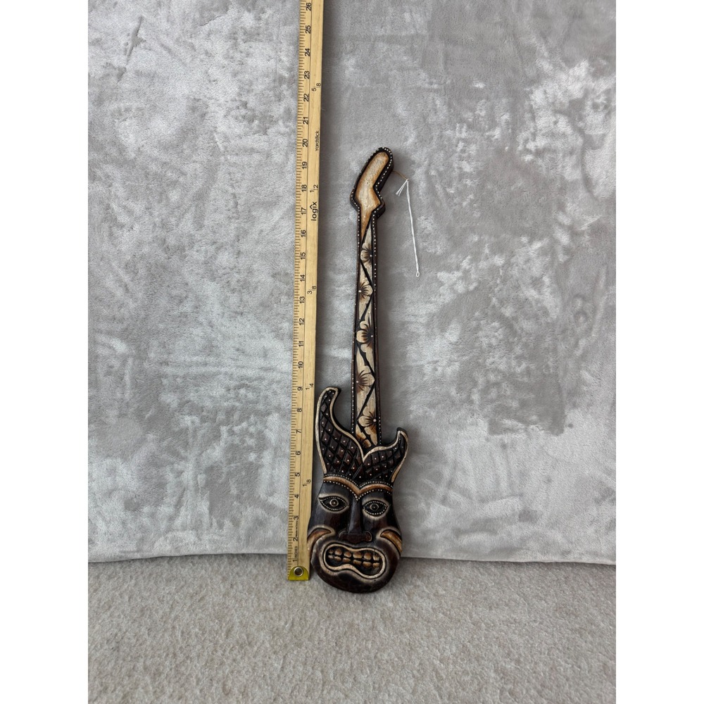 Hand Carved Wood Tiki Mask Electric Guitar Wall Art Tropical Music Decor 20 Inch